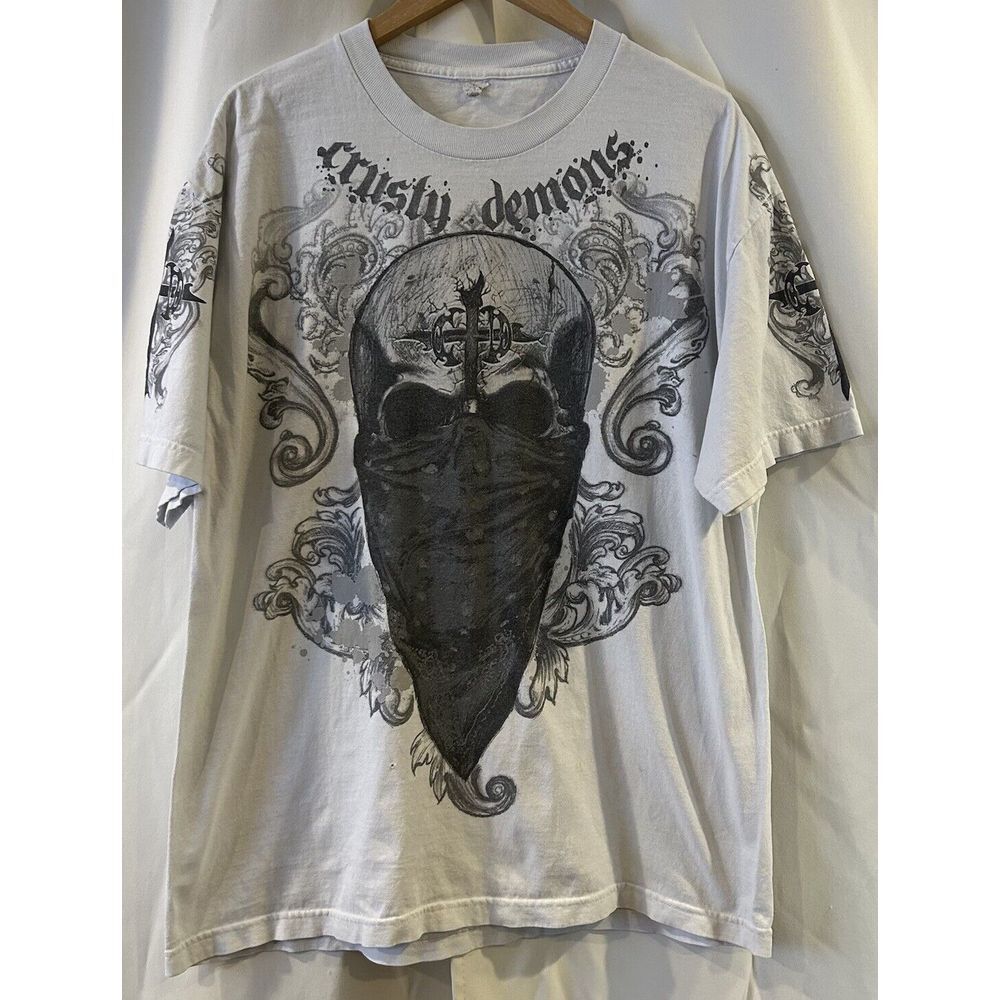 Vintage Y2K Affliction Style Grunge Mall Goth Skull Graphic‎ T-Shirt White XL